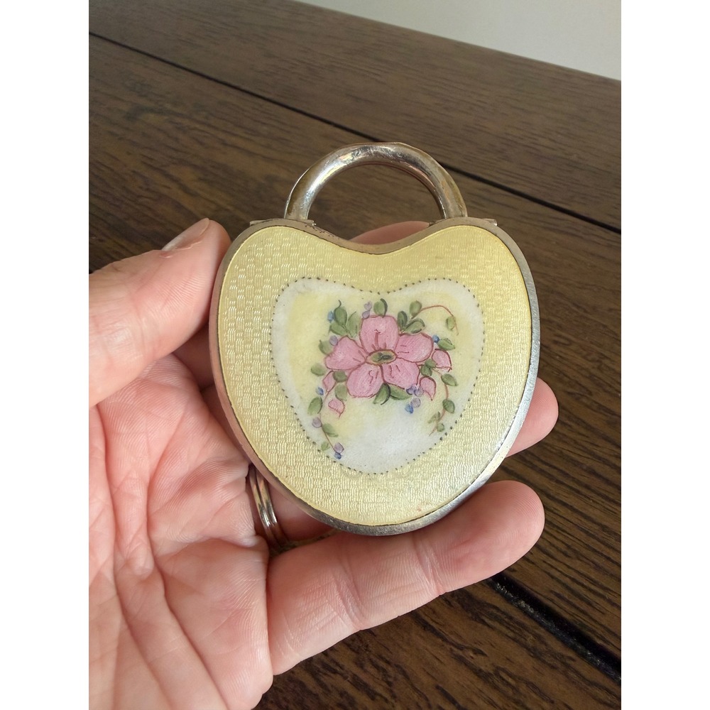 Vintage Guilloche Enamel Floral Padlock Silver Edge Heart Lock Powder Compact